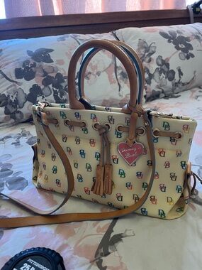 Dooney & Bourke Yellow Multicolor DB Logo Tote with Tan Handles